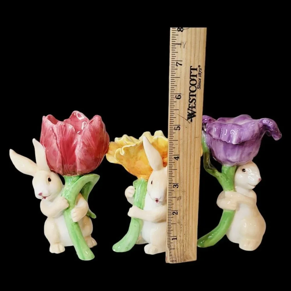Set of‎ 3 Magenta Seasonal Collection Ceramic Bunny Rabbit Candle Holder Flowers